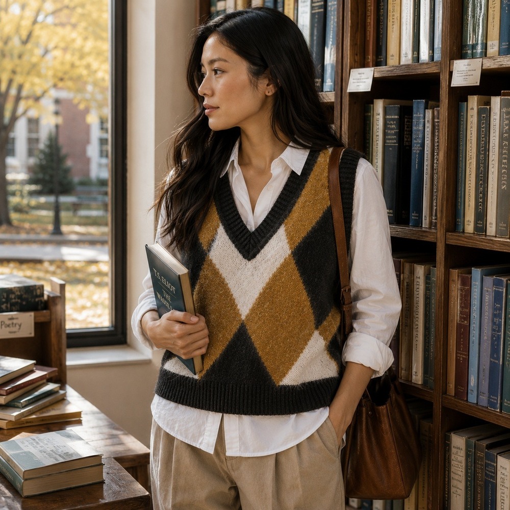 Evereve Womens Argyle V-Neck Academia Sweater Vest Black Brown Cream Size M